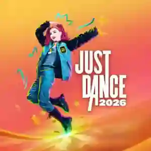 Portada de Just Dance 2026 con una bailarina pelirroja saltando en un fondo naranja con estrellas y notas musicales