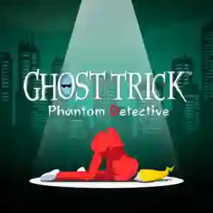 Ghost Trick: Phantom Detective: portada minimalista con un cuerpo rojo tendido bajo un haz de luz y un pequeño perro amarillo junto a él, con el título del juego en letras blancas sobre fondo de ciudad verde oscuro.