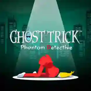 Ghost Trick: Phantom Detective: portada minimalista con un cuerpo rojo tendido bajo un haz de luz y un pequeño perro amarillo junto a él, con el título del juego en letras blancas sobre fondo de ciudad verde oscuro.