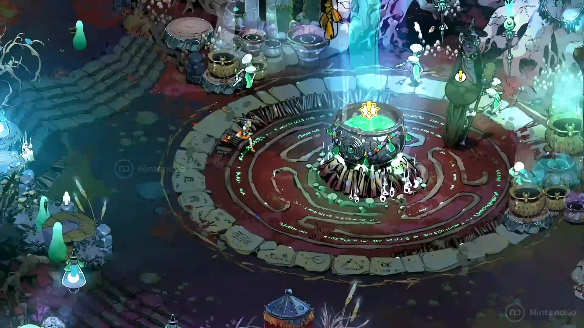 Vista aérea de un altar circular con un caldero brillante en Hades II, rodeado de runas rojas y decoración espectral en el campamento.