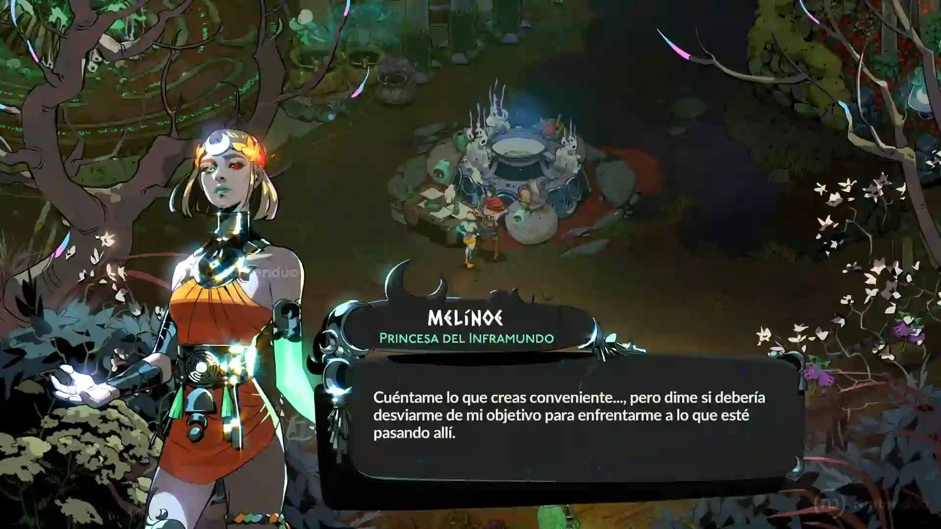 Melinoë, princesa del Inframundo, dialoga en Hades II con su retrato a la izquierda y un cuadro de texto en español hablando de desviarse de su objetivo.