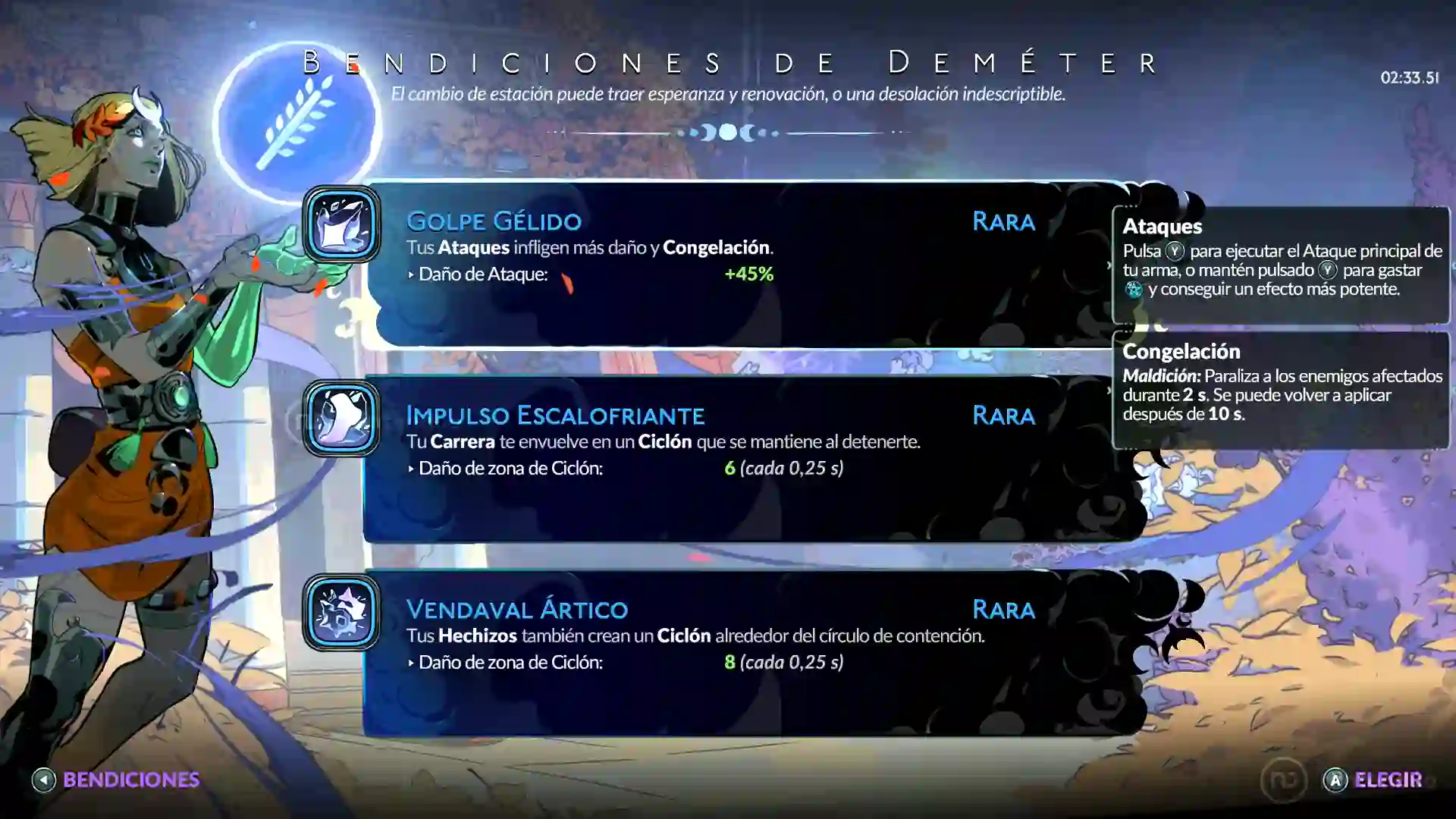Pantalla de Hades II mostrando las bendiciones de Deméter con opciones como Golpe Gélido, Impulso Escalofriante y Vendaval Ártico, y la ilustración de la diosa a la izquierda.