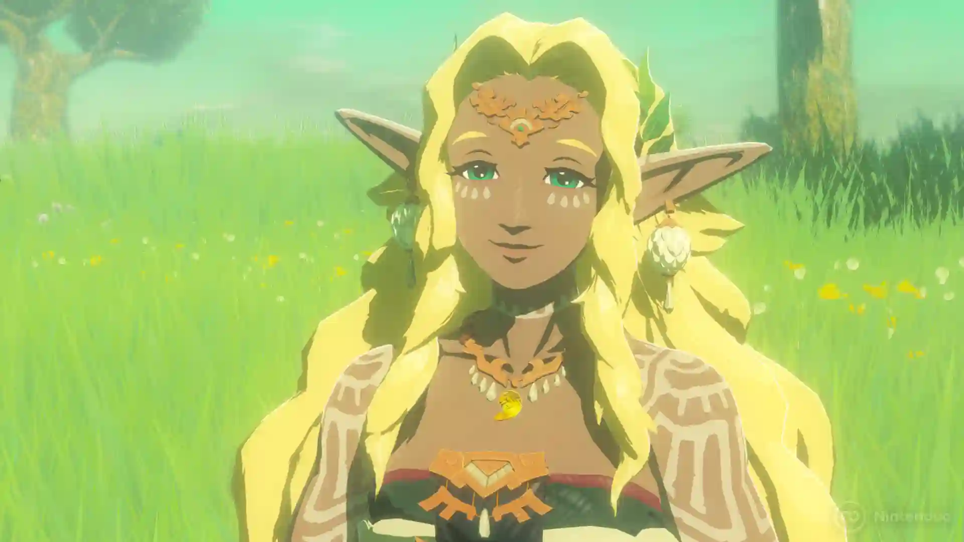 Hyrule Warriors: La Era del Destierro – mujer de tez morena con orejas puntiagudas, cabello rubio trenzado y tatuajes dorados sonriendo en un prado verde lleno de flores.