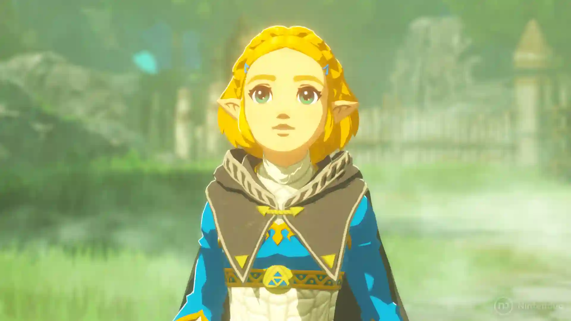 Hyrule Warriors: La Era del Destierro – Zelda de cabello rubio y atuendo azul Sheikah mira hacia adelante con expresión de asombro en un prado verde iluminado.