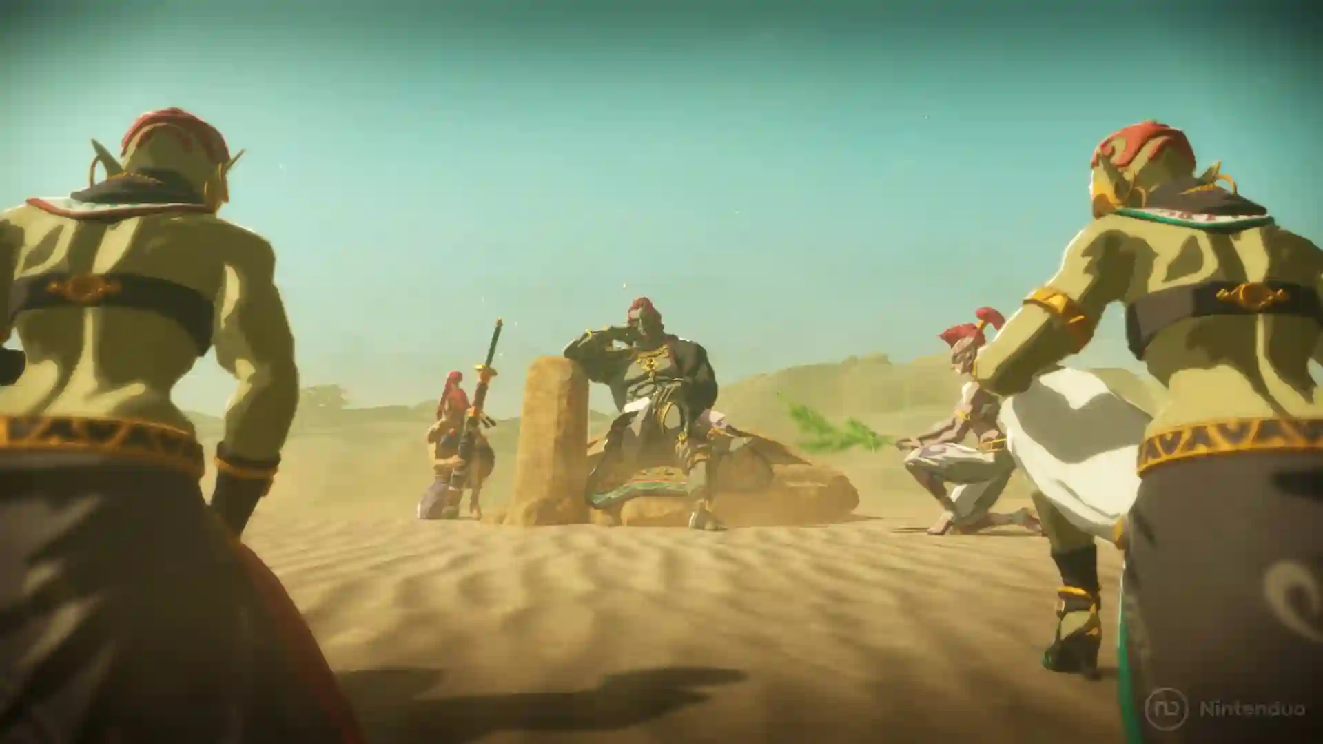 Hyrule Warriors: La Era del Destierro – Link lucha en el desierto rodeado de guerreras gerudo, empuñando su arma entre dunas y rocas bajo el sol.