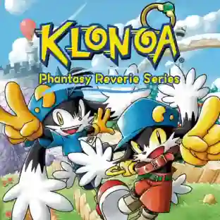 Klonoa Phantasy Reverie Series: portada con Klonoa, una criatura con gorra azul y largas orejas negras, sonriendo y haciendo el signo de la paz con la mano, sobre un fondo de castillos y nubes, con el título amarillo "Klonoa Phantasy Reverie Series".
