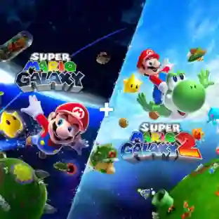 Super Mario Galaxy 1+2: portada combinada de los juegos con Mario flotando en el espacio rodeado de planetas y estrellas (imagen inicialmente invisible)
