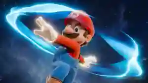Mario ejecutando su movimiento giratorio con un halo de luz azul en un entorno espacial al estilo de Super Mario Galaxy Mario ejecutando su movimiento giratorio con un halo de luz azul en un entorno espacial al estilo de Super Mario Galaxy
