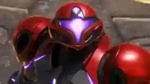 Samus Aran con su armadura roja y visor brillante en Metroid Prime 4: Beyond.