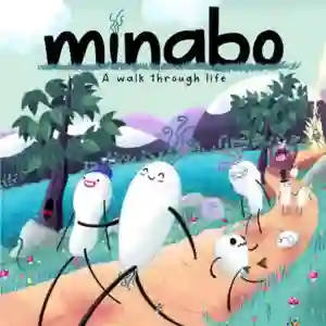 Minabo – A walk through life: portada del juego con varios rábanos antropomórficos caminando en fila por un sendero entre prados y ríos, con montes y árboles caricaturescos al fondo y el título "minabo" con el subtítulo "A walk through life" en la parte superior.