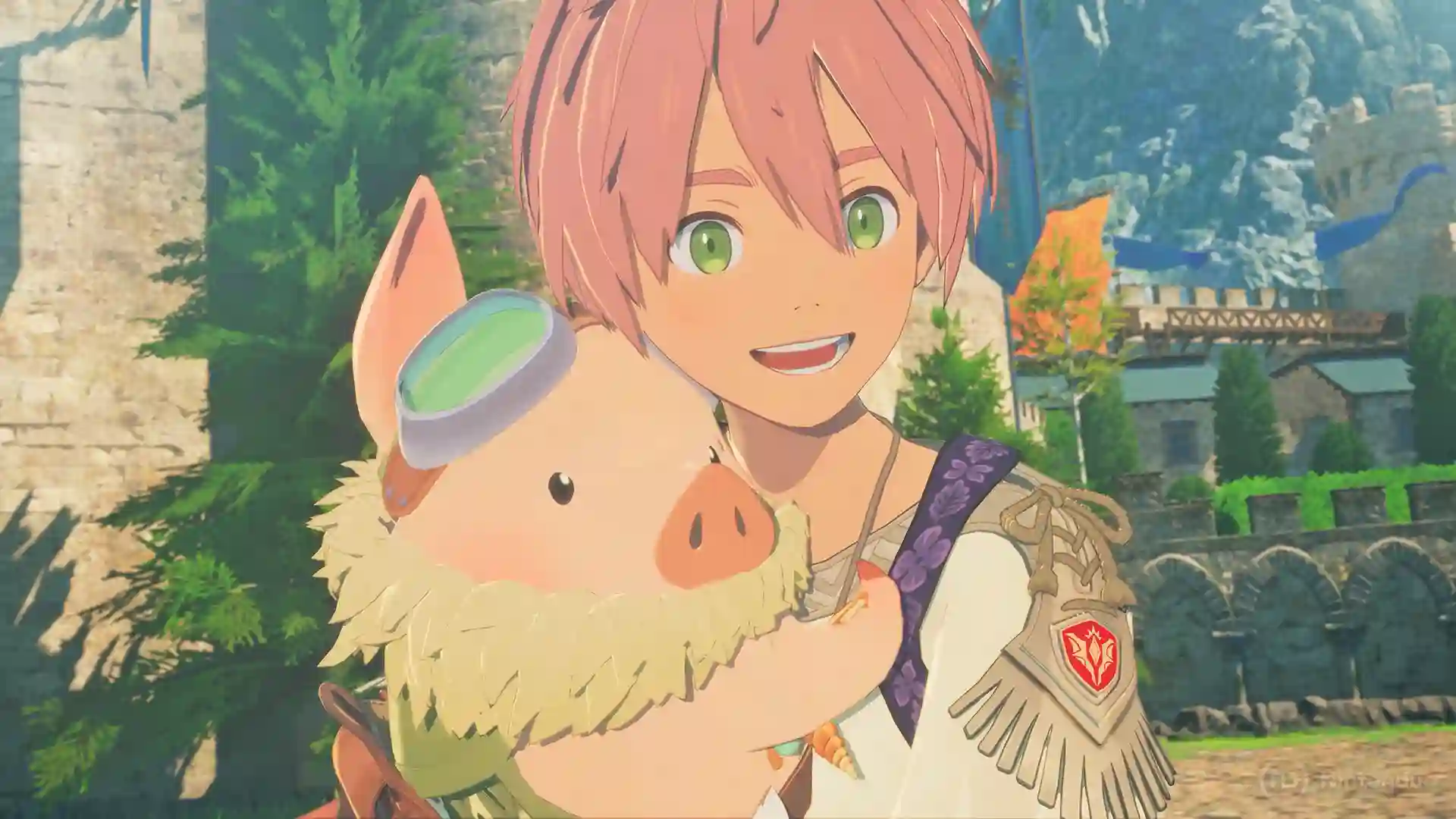 Monster Hunter Stories 3: chica de cabello rosa y ojos verdes abraza a un cerdito con gafas de aviador en la cabeza en un pueblo con torres de piedra y vegetación.