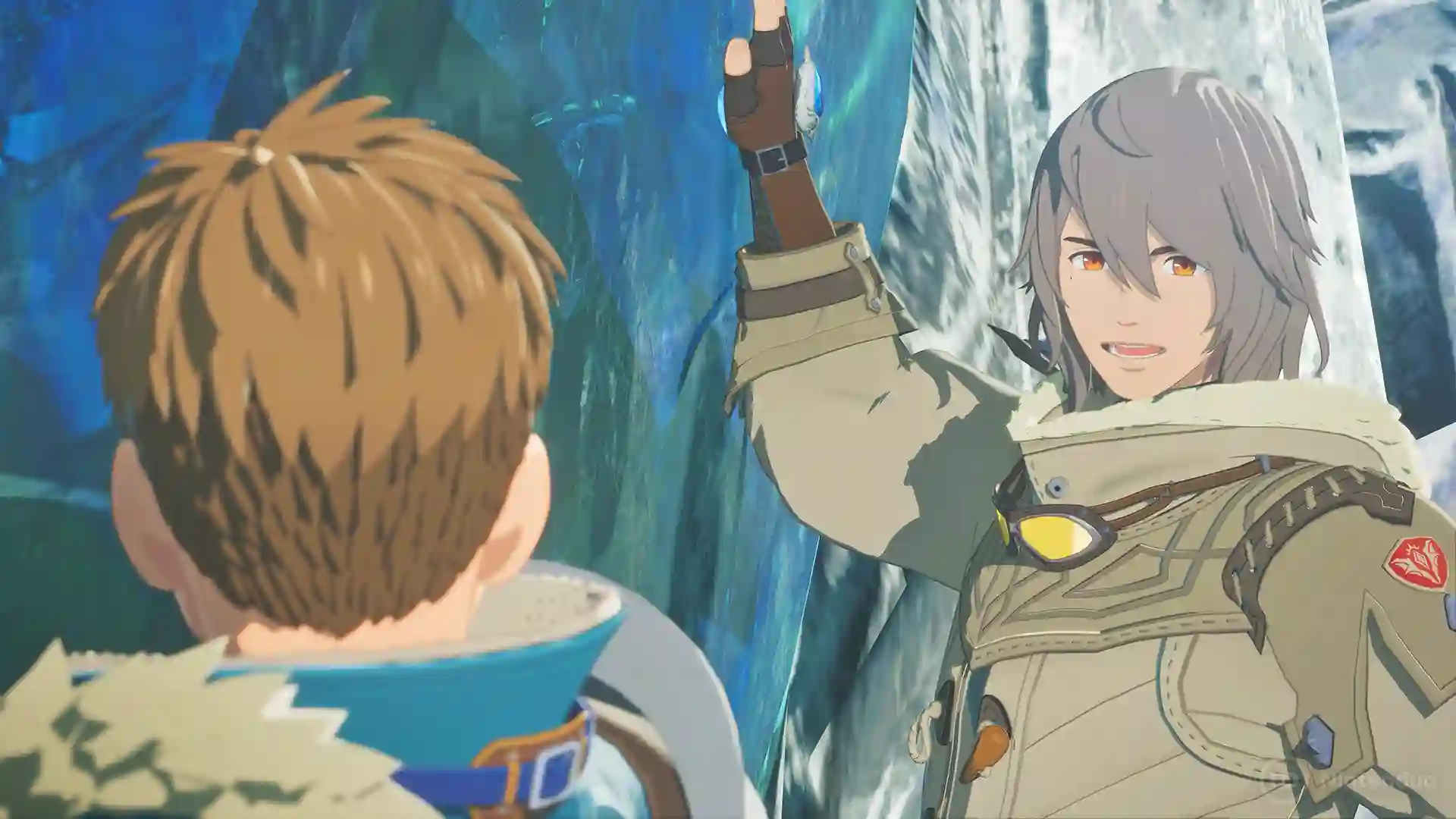 Monster Hunter Stories 3: escena en la que una chica de cabello plateado con abrigo gris levanta la mano para saludar a un joven de cabello castaño frente a una pared de hielo.