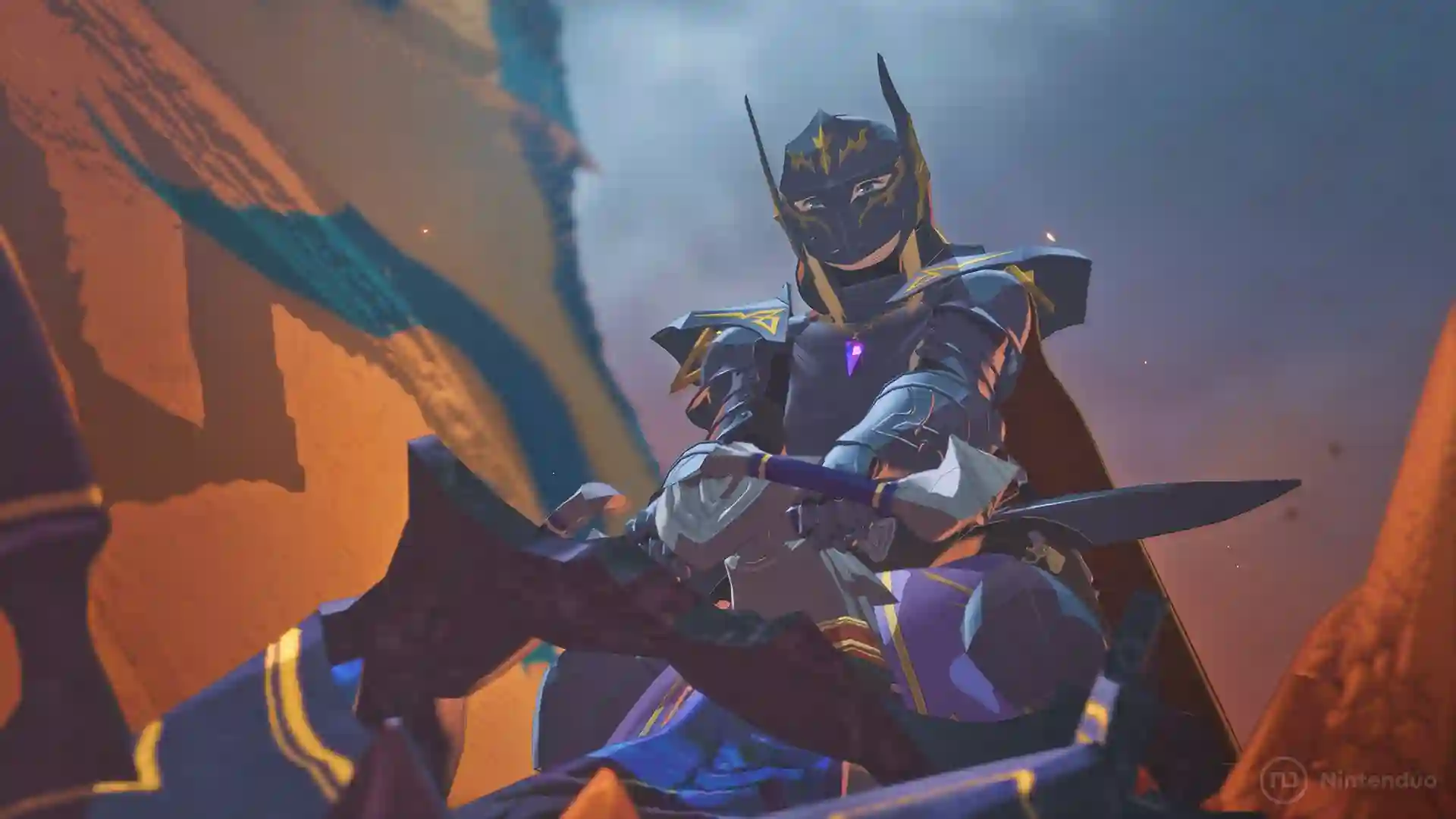 Monster Hunter Stories 3: caballero con armadura oscura y casco puntiagudo montando sobre un wyvern o criatura en movimiento, en una escena de acción.