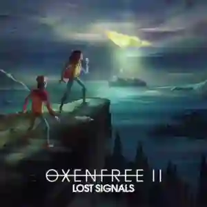 Oxenfree II: Lost Signals: ilustración con dos jóvenes de pie en un acantilado frente al mar al anochecer, mirando una luz triangular misteriosa en el cielo. Al fondo se ve una isla y en la parte inferior aparece el logotipo del juego.