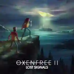 Oxenfree II: Lost Signals: ilustración con dos jóvenes de pie en un acantilado frente al mar al anochecer, mirando una luz triangular misteriosa en el cielo. Al fondo se ve una isla y en la parte inferior aparece el logotipo del juego.