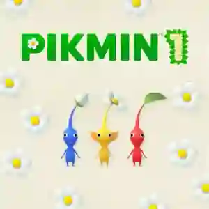 Pikmin 1: carátula minimalista con tres Pikmin de colores azul, amarillo y rojo formando fila sobre un fondo beige salpicado de flores blancas, y el logotipo 'PIKMIN 1' en verde hecho de hojas.