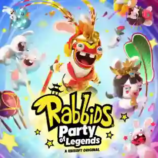 Rabbids Party of Legends: portada colorida con un Rabbid disfrazado del Rey Mono Sun Wukong al centro sosteniendo un bastón, rodeado de otros Rabbids con abanicos y tambores en un torbellino de confeti, con el logo del juego en la parte inferior.