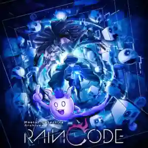 Master Detective Archives: RAIN CODE: ilustración en tonos azules con el protagonista Yuma Kokohead con gabardina y sombrero rodeado de cubos y destellos, acompañado por la misteriosa Shinigami flotando detrás con cabello largo, sobre un fondo tecnológico.