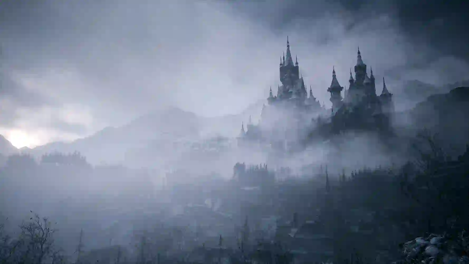 Resident Evil 8 Village: castillo gótico en la cima de una colina rodeado de niebla densa y montañas sombrías.