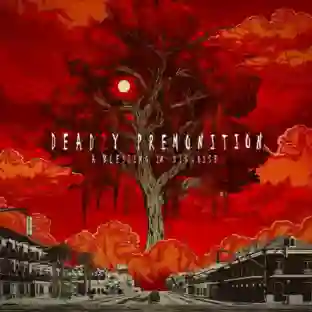 Arte de Deadly Premonition 2: A Blessing in Disguise con un enorme árbol sobre un pueblo y un cielo rojo intenso.