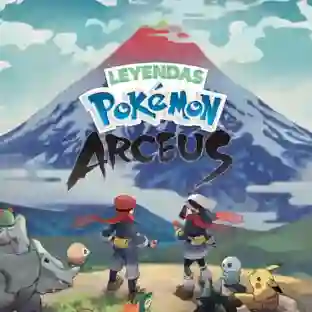 Leyendas Pokémon Arceus: portada que muestra a dos entrenadores de espaldas mirando el monte Coronet, acompañados de los Pokémon iniciales Rowlet, Cyndaquil y Oshawott, así como Rhyhorn y Pikachu, con el logo del juego en español sobre el cielo.
