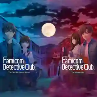 Arte de Famicom Detective Club con dos secciones: la izquierda en tonos azules de The Girl Who Stands Behind con un chico y una chica, y la derecha en tonos rojos de The Missing Heir con un joven detective y una joven bajo la luna llena.