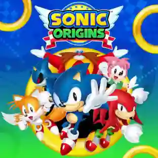 Sonic Origins: portada colorida con Sonic corriendo al frente y sus amigos Tails, Knuckles y Amy, con el villano Dr. Eggman detrás, rodeados de anillos dorados y el logotipo "Sonic Origins".
