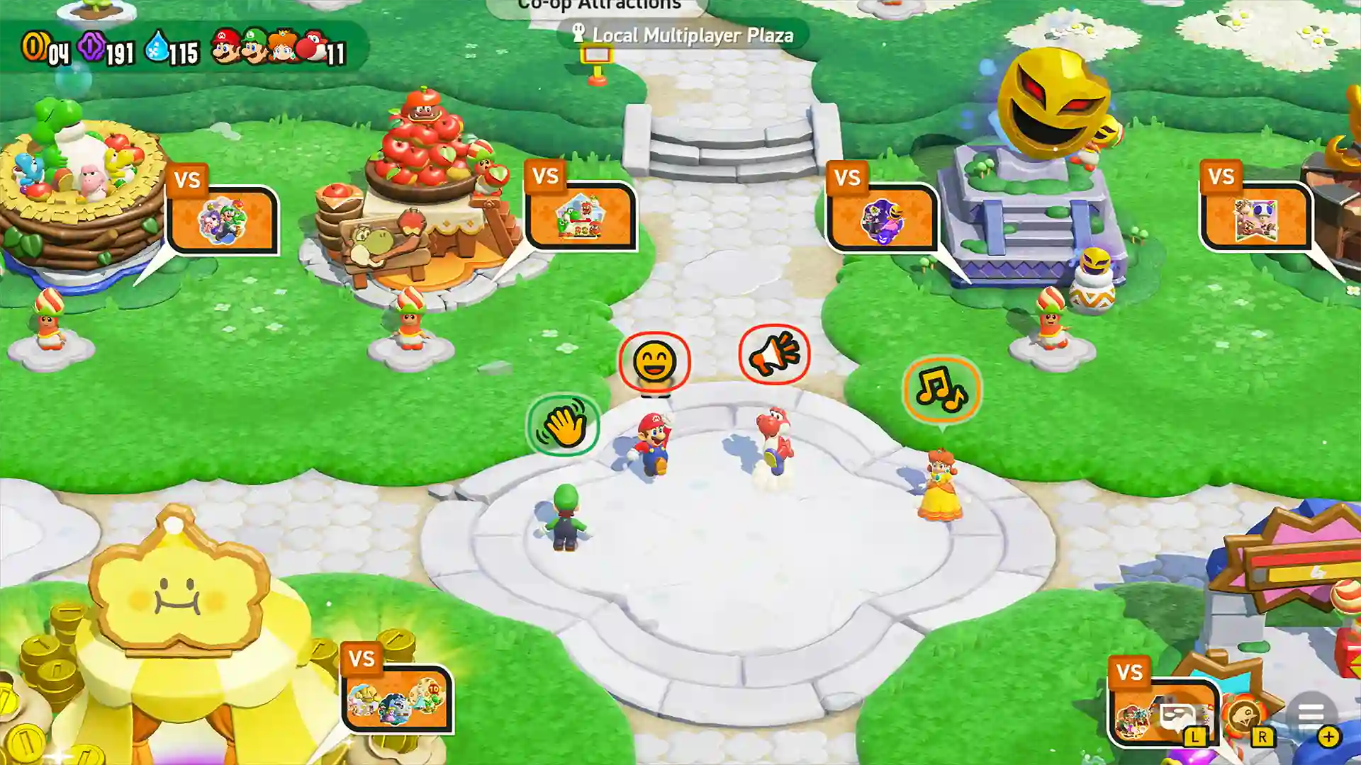 Super Mario Bros. Wonder – Nintendo Switch 2 Edition: vista del mapa superior con caminos verdes, una plaza de multijugador local y un gusano amarillo gigante, con indicadores de vidas, monedas y flores en la esquina.
