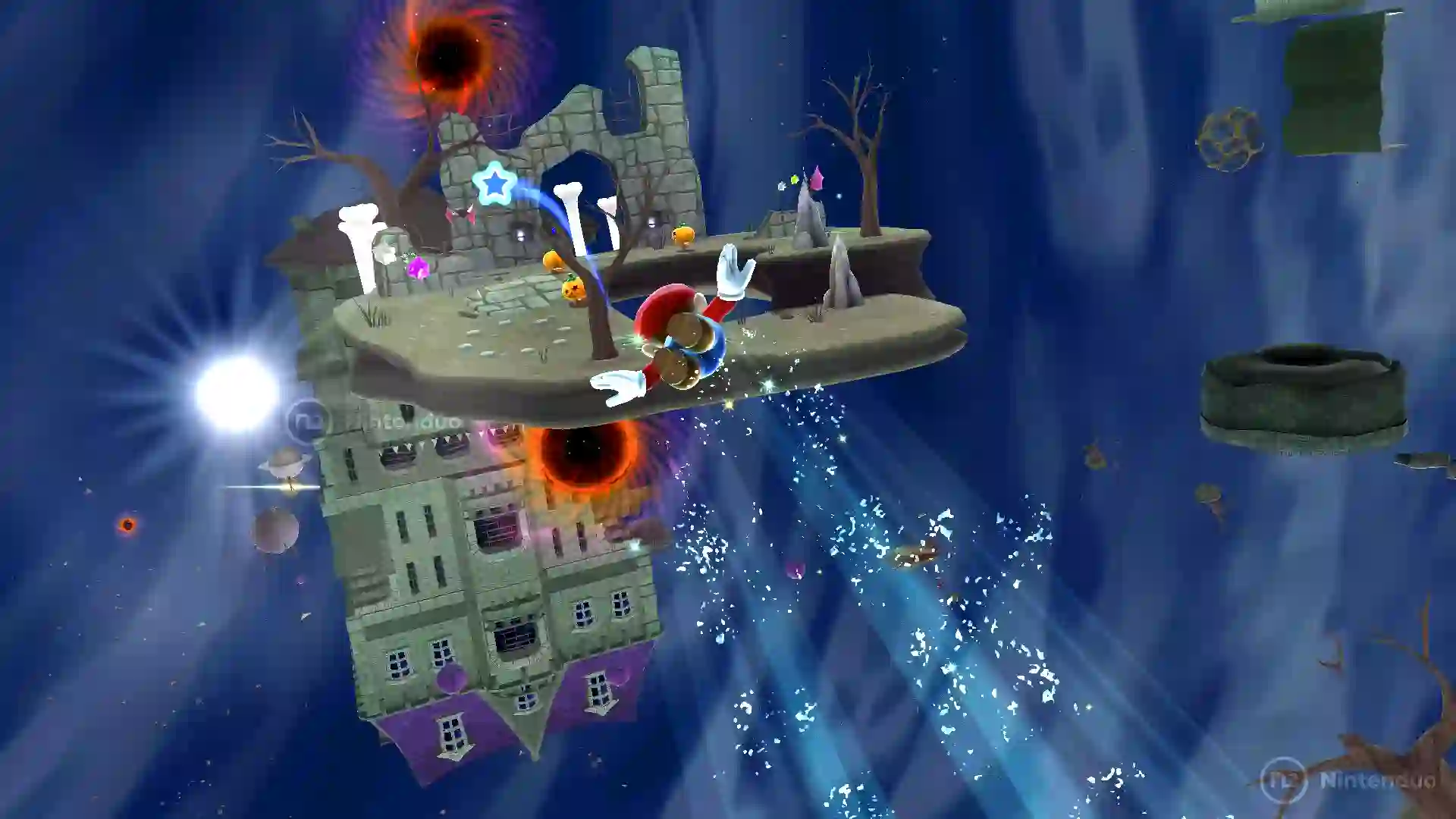 Mario de Super Mario Galaxy saltando entre plataformas en el espacio con agujeros negros, ruinas flotantes y ráfagas de estrellas.