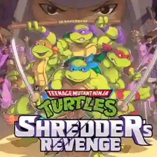 Teenage Mutant Ninja Turtles: Shredder's Revenge: portada con las cuatro Tortugas Ninja – Leonardo con katanas, Donatello con bó staff, Michelangelo con nunchakus y Raphael con sais – posando listos para el combate, con Shredder observando al fondo y el título del juego en colores morado y verde.