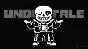 Sans de Undertale sonriendo con los brazos abiertos frente al logotipo del juego en pixel art monocromo, anunciando contenido inédito por su 10º aniversario.