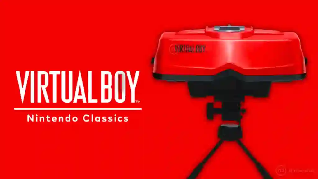 Imagen promocional de Virtual Boy – Nintendo Classics con la consola roja montada en un trípode y el logotipo sobre un fondo rojo intenso.