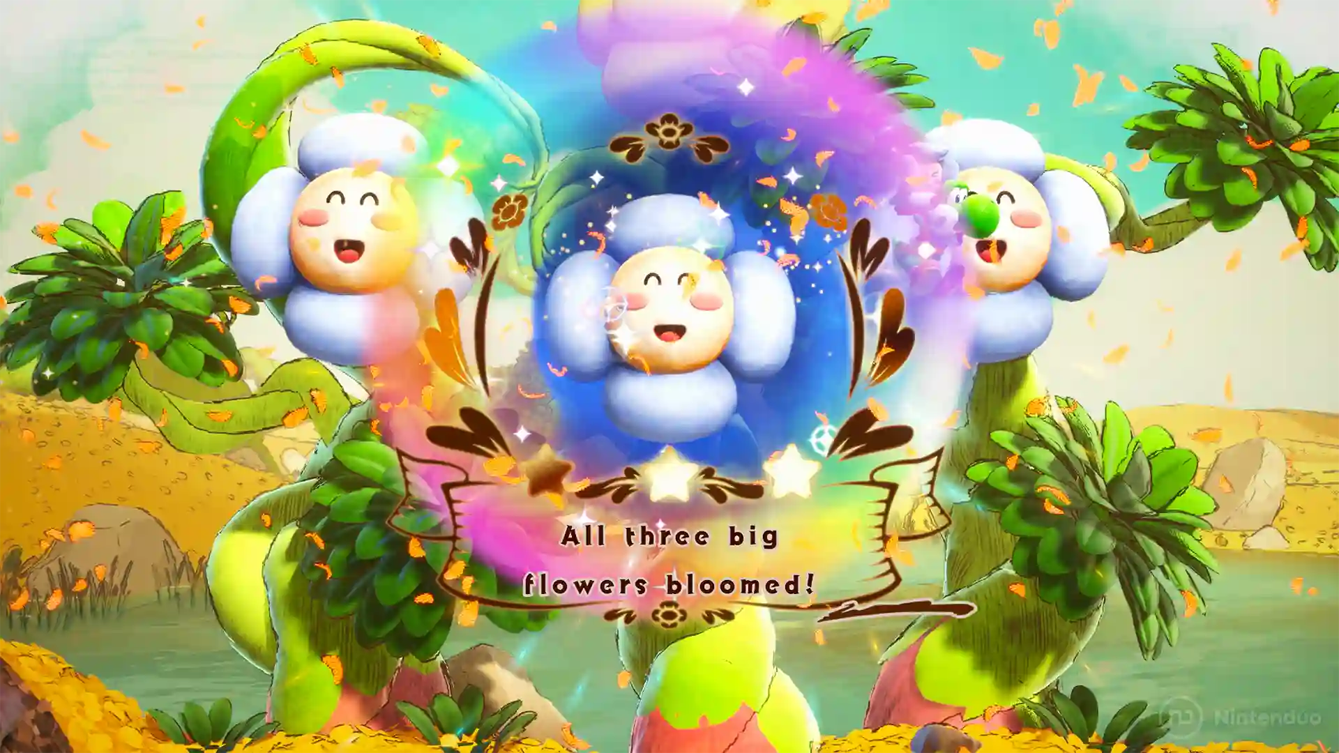 Yoshi and the Mysterious Book: pantalla de felicitacion donde aparecen tres grandes flores sonrientes enmarcadas con estrellas y el mensaje 'All three big flowers bloomed!', rodeadas de arboles y hojas