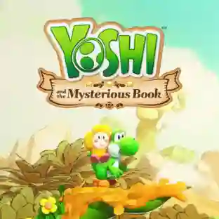 Yoshi and the Mysterious Book: portada del juego con el logotipo grande sobre fondo de pergaminos y Yoshi verde montado en una criatura con sombrero de flor en un paisaje de libros y hojas