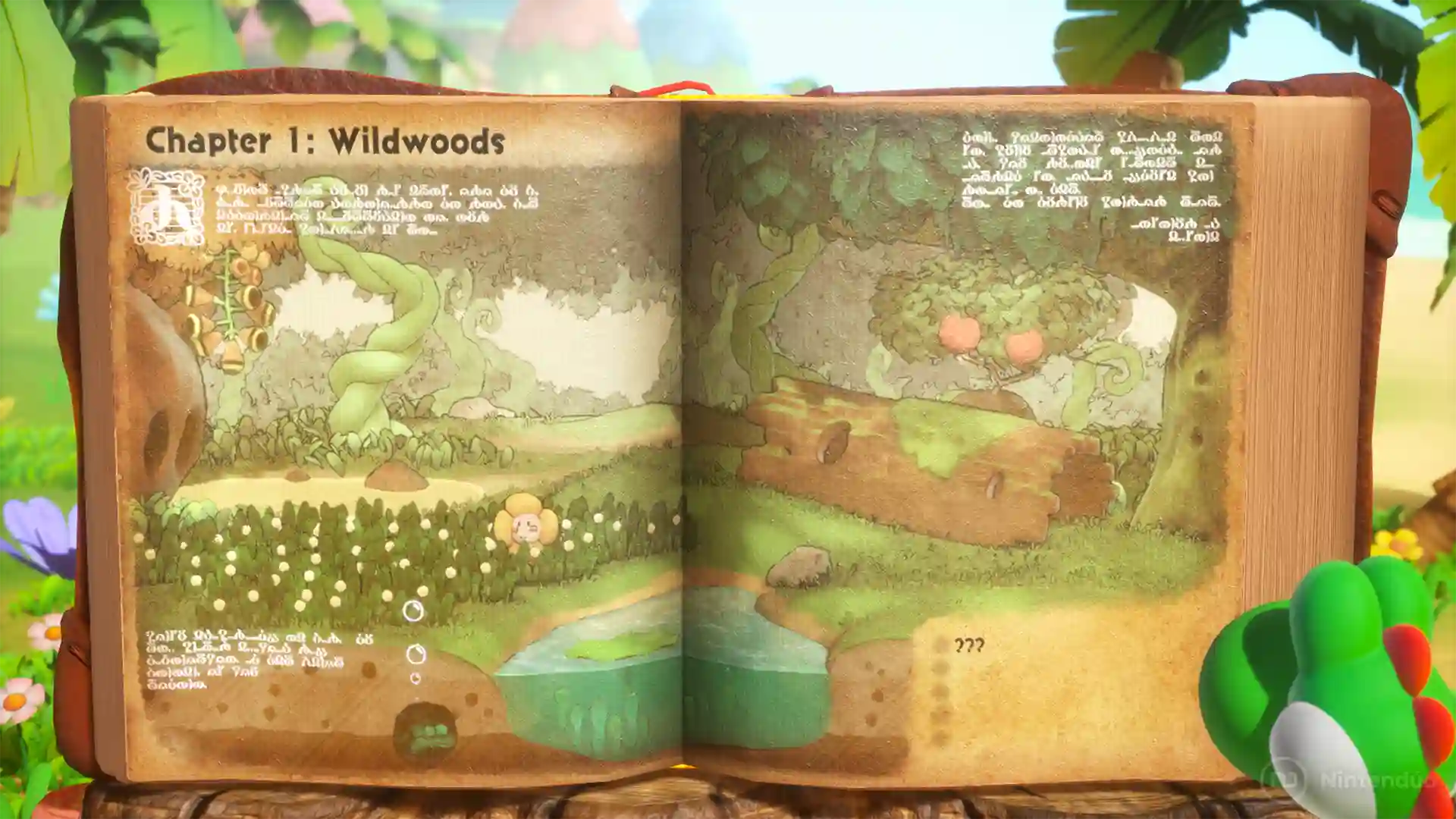 Yoshi and the Mysterious Book: primera pagina del libro con el texto 'Chapter 1: Wildwoods' decorado con ornamentos verdes, sobre un fondo borroso de arboles