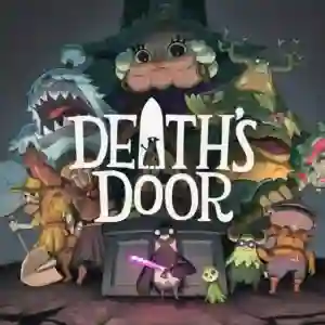 Death's Door: ilustración de portada con la puerta de la muerte y un cuervo guerrero encapuchado sosteniendo una espada brillante rosa frente a ella, rodeado de varios personajes y monstruos como una rana gigante, un tiburón azul y un hombre anciano con armadura, con el título "Death's Door" en letras grandes.