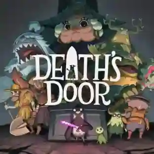 Death's Door: ilustración de portada con la puerta de la muerte y un cuervo guerrero encapuchado sosteniendo una espada brillante rosa frente a ella, rodeado de varios personajes y monstruos como una rana gigante, un tiburón azul y un hombre anciano con armadura, con el título "Death's Door" en letras grandes.