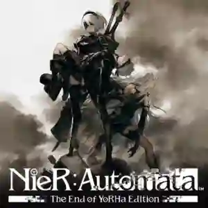 NieR: Automata – The End of YoRHa Edition: portada monocromática con los androides 2B y A2 en poses de combate, sosteniendo armas sobre un fondo de acuarela oscura, con el logotipo 'NieR:Automata The End of YoRHa Edition' en la parte inferior.