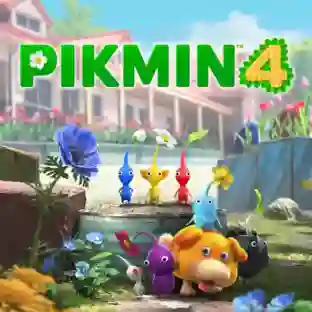 Pikmin 4: ilustración colorida con un grupo de Pikmin de colores azul, amarillo, rojo, morado y blanco posando en un jardín con flores, junto a una criatura perrito naranja llamada Oatchi, bajo el logotipo verde del juego.