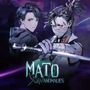 Mato Anomalies: arte promocional de estilo anime con dos protagonistas, uno con mascarilla y katana desenfundada y otro con chaqueta oscura, frente a una ciudad futurista iluminada en tonos morados y azules, con el logotipo del juego en verde en la parte inferior.