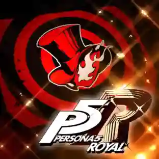 Persona 5 Royal: logotipo del juego con un sombrero rojo y una llama estilizada sobre un fondo de espirales rojas y negras, acompañado por las letras 'P5 Persona 5 Royal' en blanco.