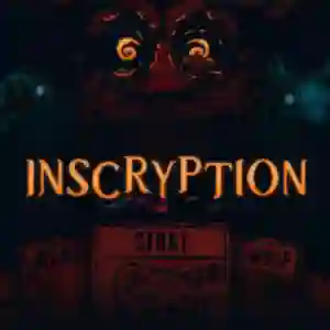Inscryption: carátula oscura del juego de cartas de terror con unos ojos amarillos brillantes en la parte superior y cartas de animales como 'Stoat' y 'Wolf' en la parte inferior, con el título naranja 'INSCRYPTION' en el centro.