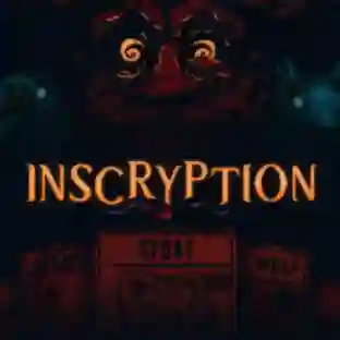 Inscryption: carátula oscura del juego de cartas de terror con unos ojos amarillos brillantes en la parte superior y cartas de animales como 'Stoat' y 'Wolf' en la parte inferior, con el título naranja 'INSCRYPTION' en el centro.