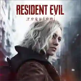 Resident Evil Requiem: ilustración de portada con mujer rubia de perfil mirando a la izquierda, con el título rojo 'Resident Evil Requiem' sobre un fondo urbano oscuro