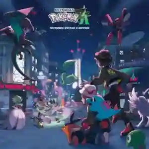 Ilustración de Leyendas Pokémon Z-A Nintendo Switch 2 Edition con el protagonista rodeado de varios Pokémon en una calle nocturna de Luminalia con la Torre Prisma iluminada al fondo.