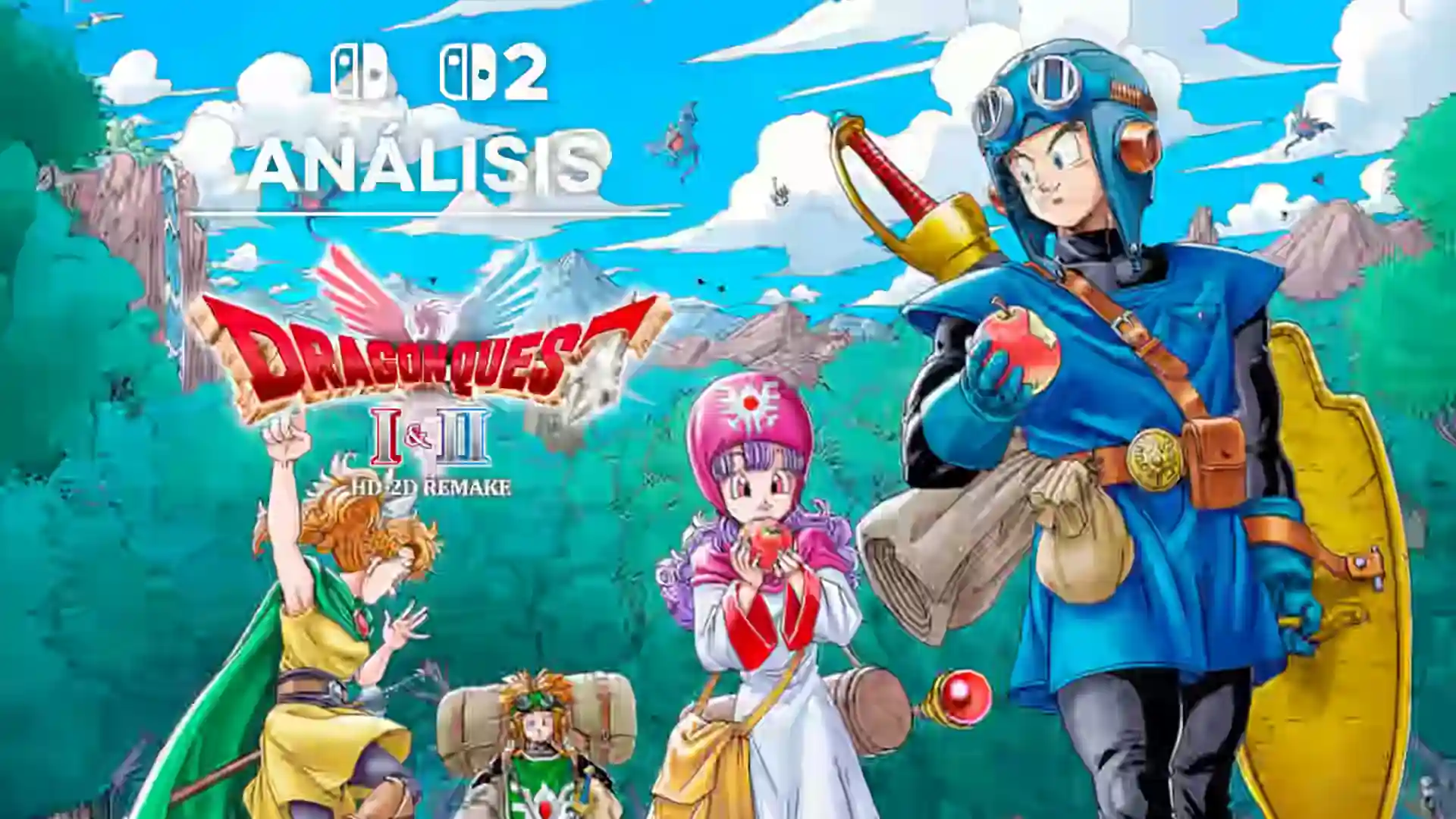 Ilustración del análisis de Dragon Quest I-II HD-2D Remake para Nintendo Switch 2 con los héroes protagonistas y el logo del juego sobre un paisaje azul.