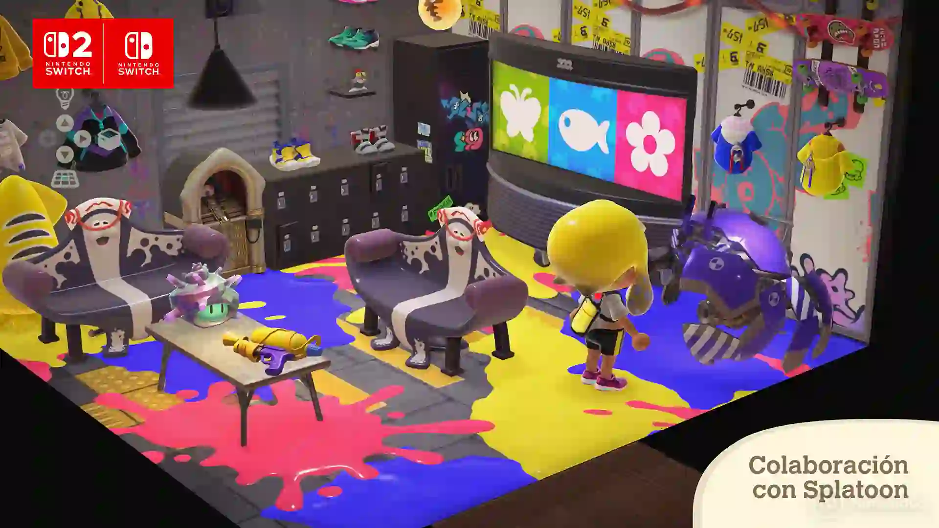Sala temática de Splatoon con muebles y decoración de colaboración en Animal Crossing: New Horizons, incluyendo suelos de tinta multicolor y un televisor con imágenes de calamares.