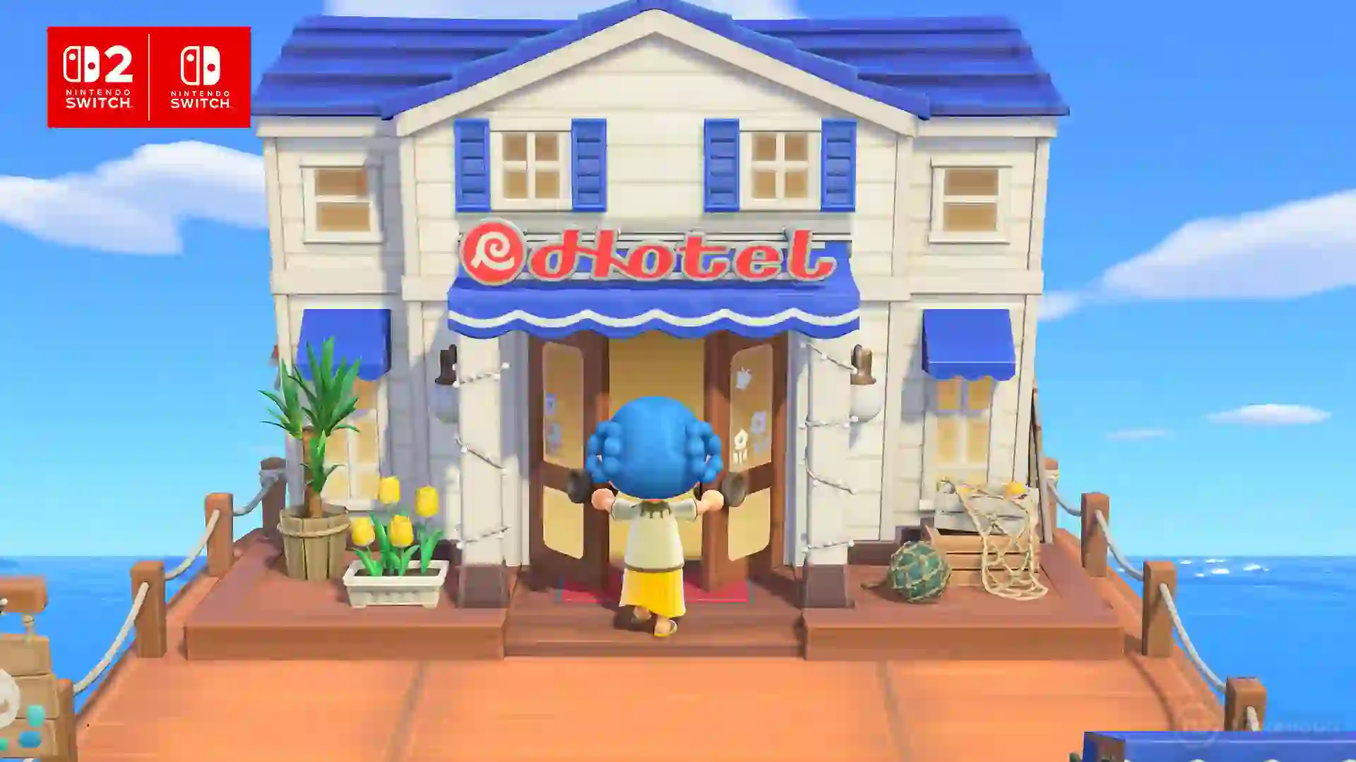 Entrada al Hotel a Orillas del Mar en Animal Crossing: New Horizons, con un aldeano llegando al nuevo edificio del muelle de la isla.