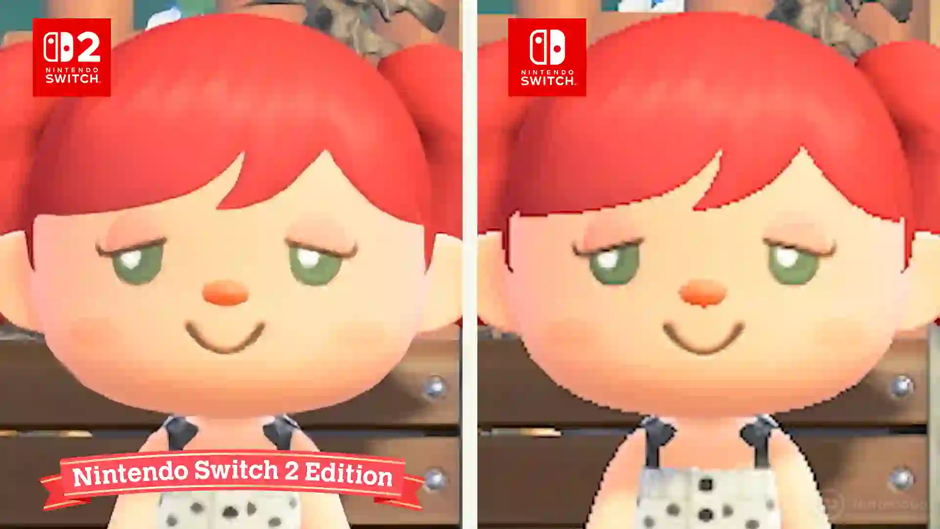 Comparación de una aldeana pelirroja en Animal Crossing: New Horizons mostrando la mejora gráfica y mayor nitidez de la Nintendo Switch 2 Edition.