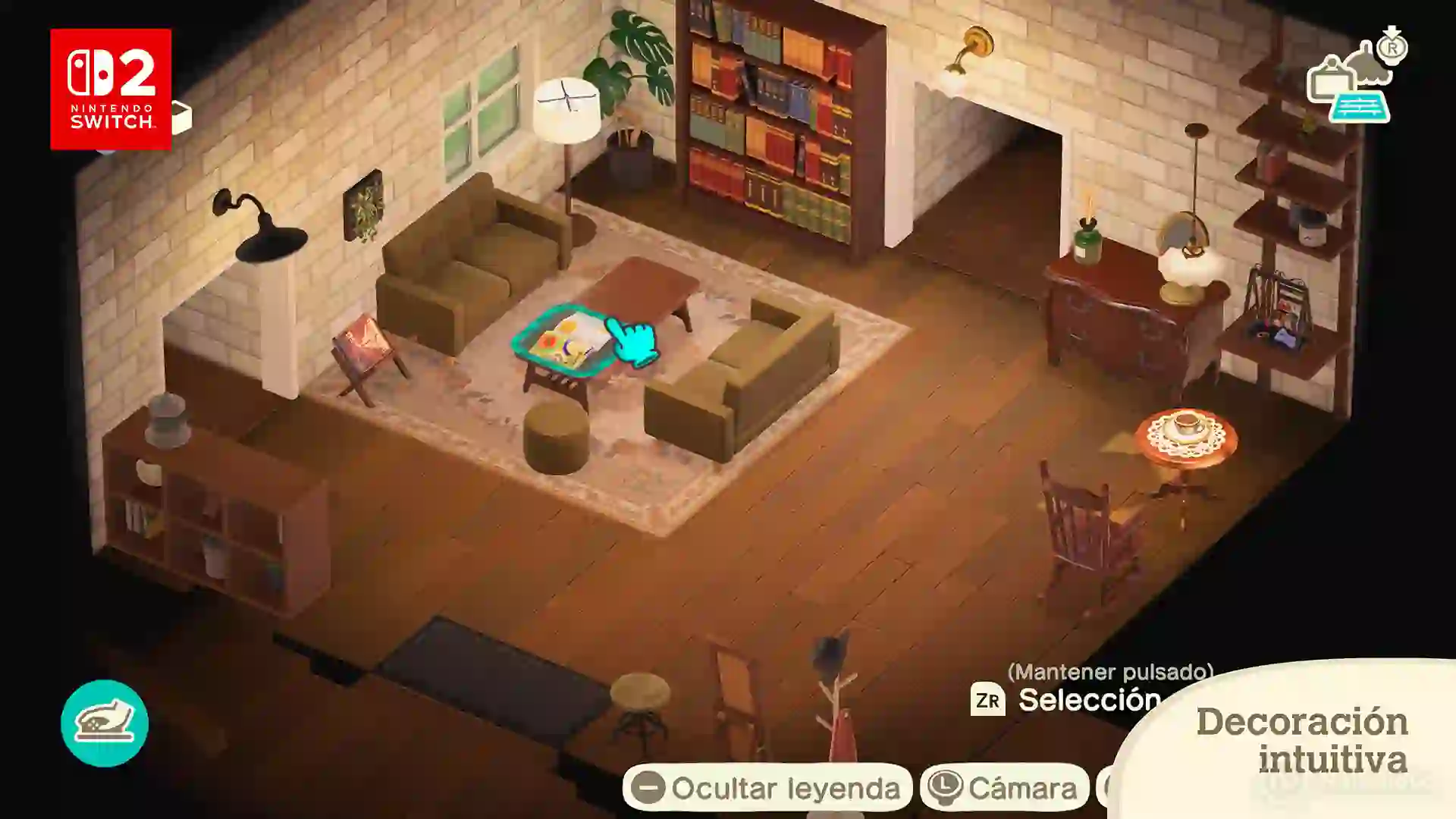 Ejemplo de decoración intuitiva en una sala de estar en Animal Crossing: New Horizons Nintendo Switch 2 Edition, mostrando la interfaz de selección de muebles.
